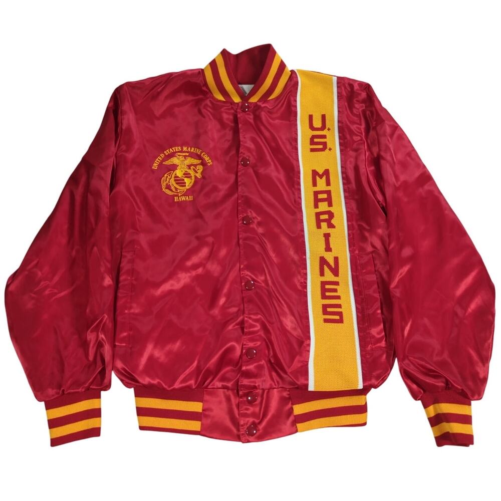 VTG Artex USA Made US Marines Satin Bomber Jacket Red Gold Varsity Small